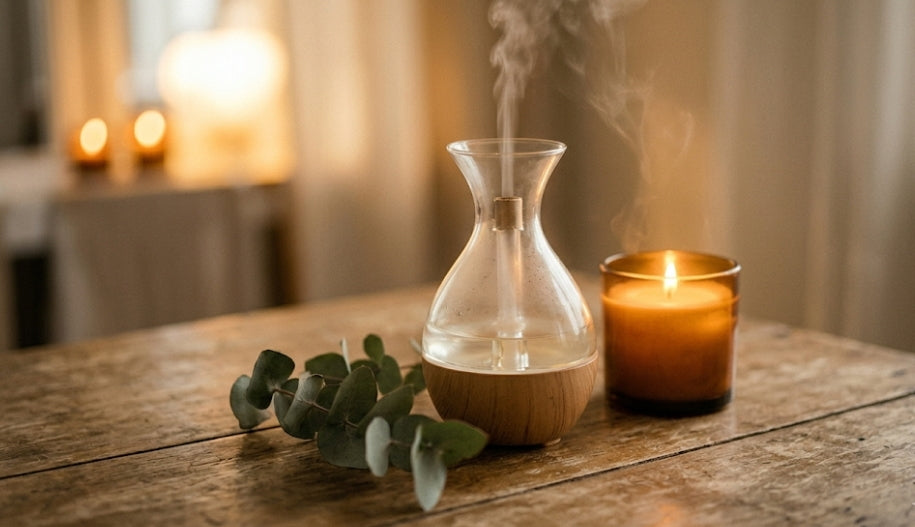 Aroma diffuser, candlelight and natural details creating a calming atmosphere for everyday wellbeing.