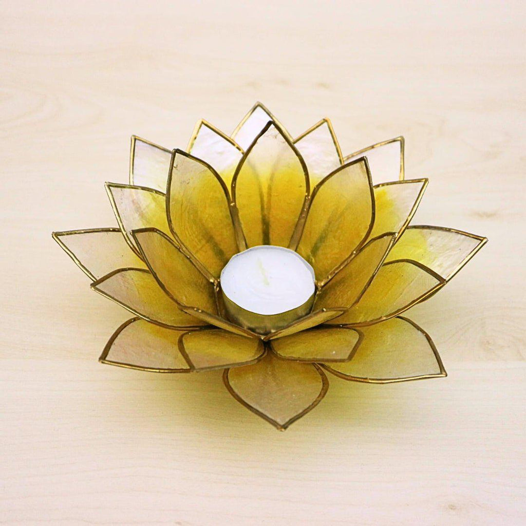 Capiz Tealight Candle Holder | Lotus - Large - Yellow/Natural