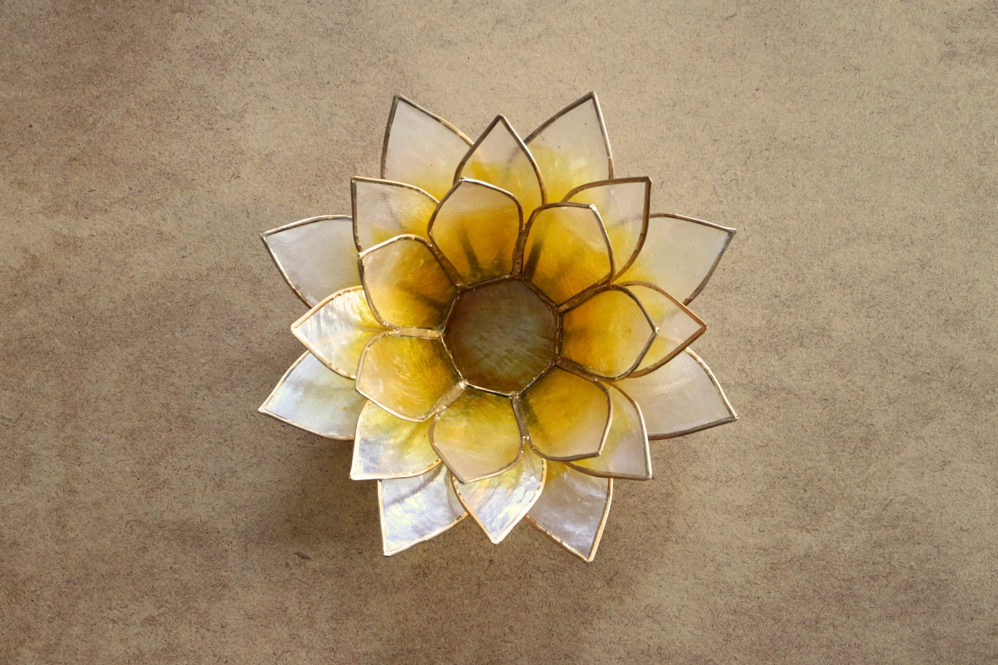 Capiz Tealight Candle Holder | Lotus - Large - Yellow/Natural