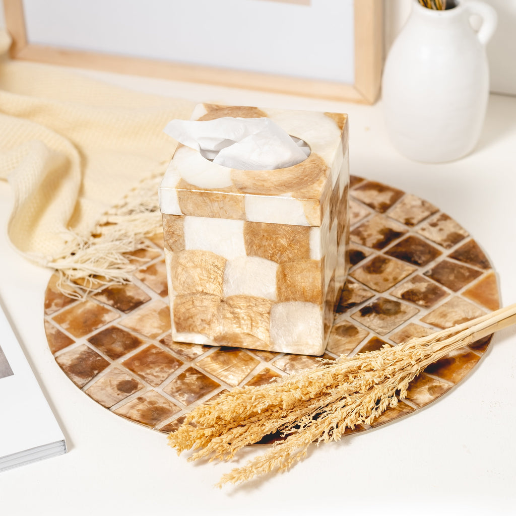 Capiz Tissue Box Holder | Square - White/Gold