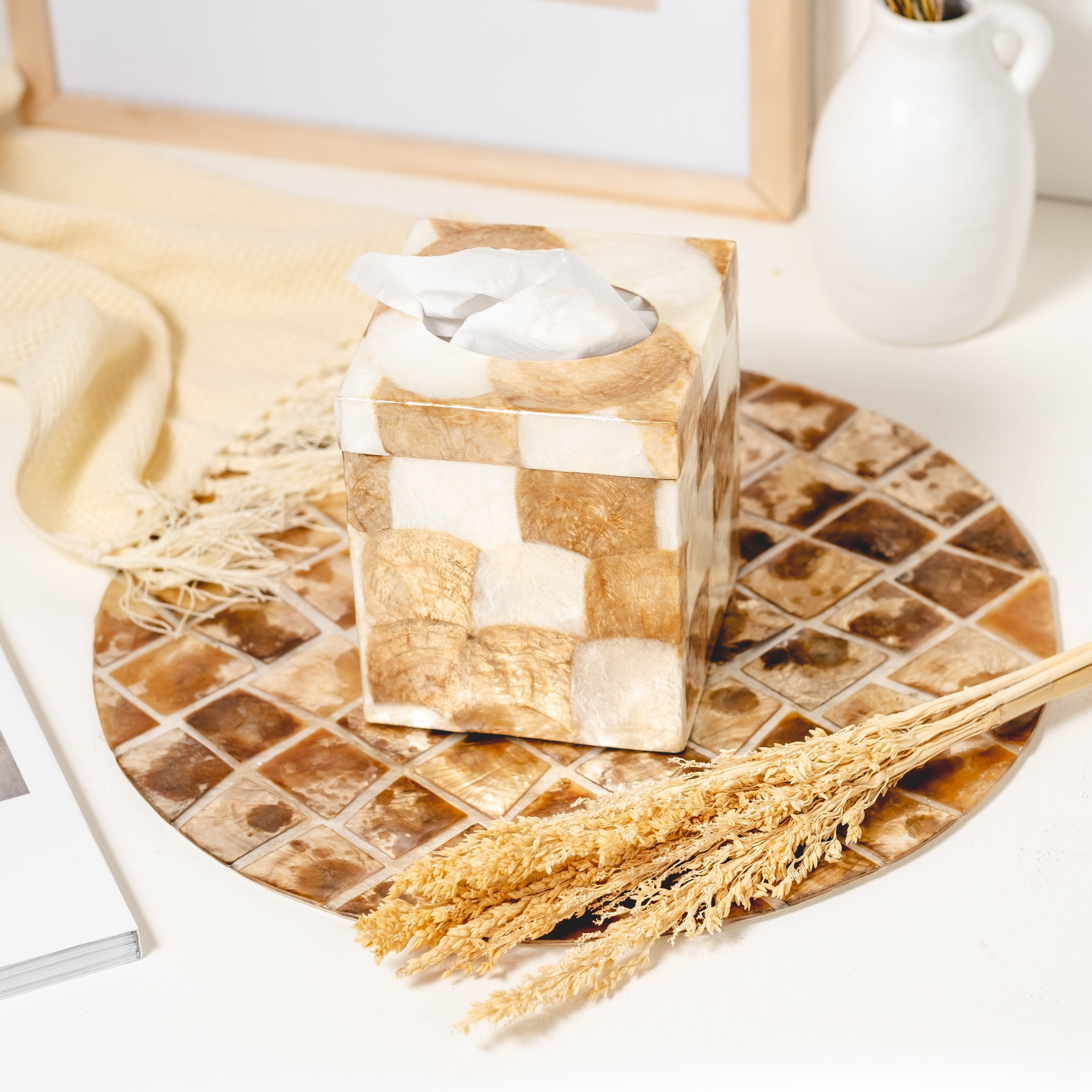 Capiz Tissue Box Holder | Square - White/Gold