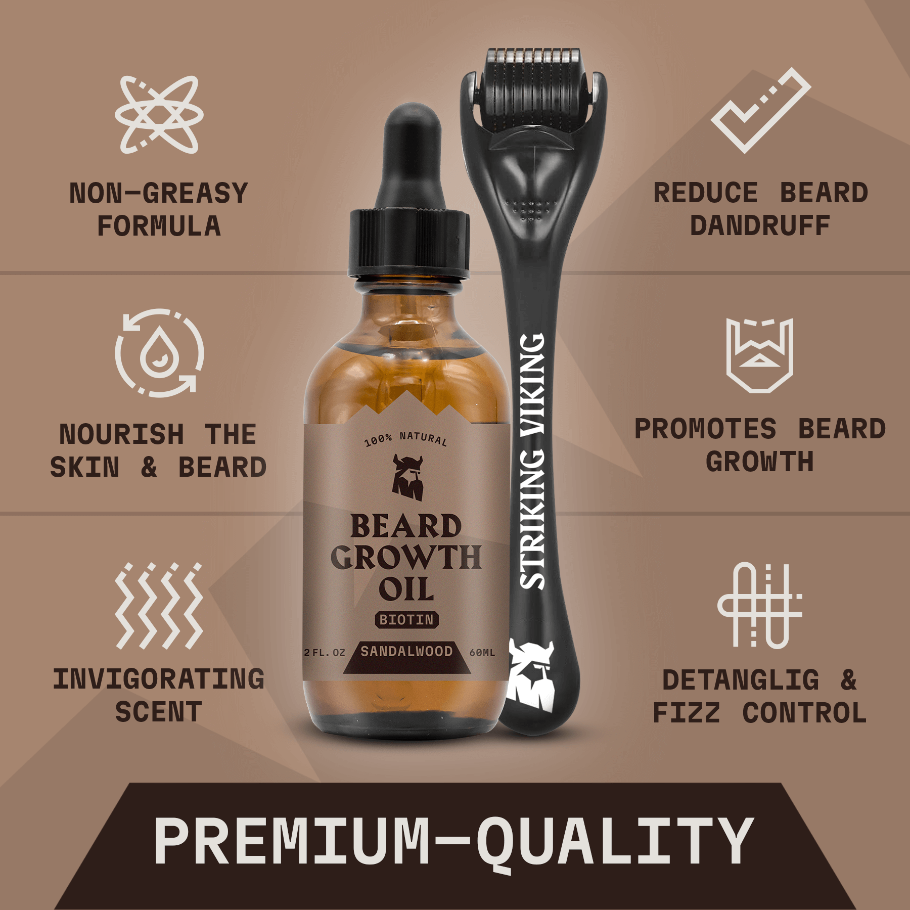 Beard Growth Kit - Sandalwood Beard Biotin Growth Oil & Derma Roller
